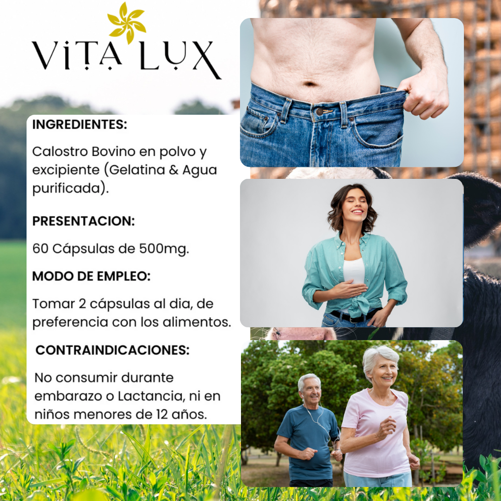 Calostro Bovino VitaluX™ Premium 60 Cápsulas | Defensas Fuertes, Energía y Metabolismo Saludable 🌱