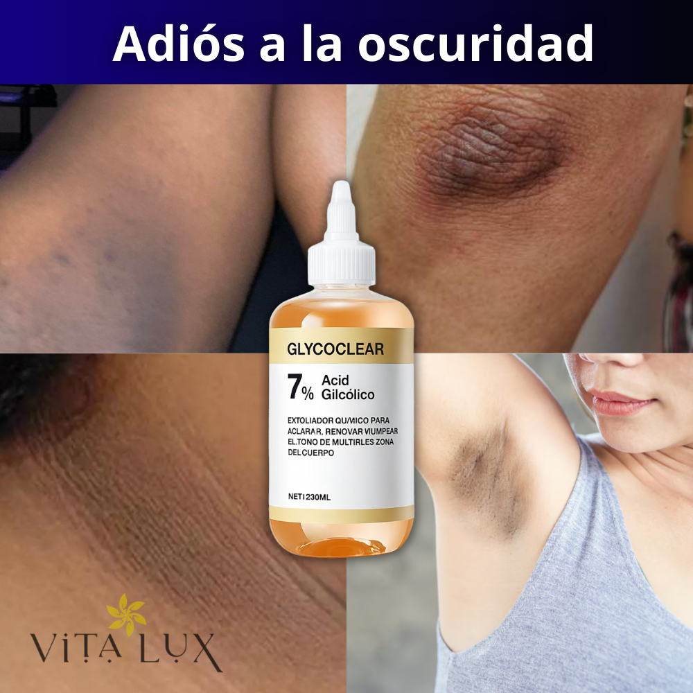 2 en 1 GlycoClear™ 7% – Solución Exfoliante Aclarante Multi-Zonas | Axilas, Entrepierna, Cuello, Rodillas, Codos y Rostro + 🎁 Guía “10 Secretos Dermatológicos para Aclarar Manchas y Lograr Piel de Porcelana” + Envío Gratis
