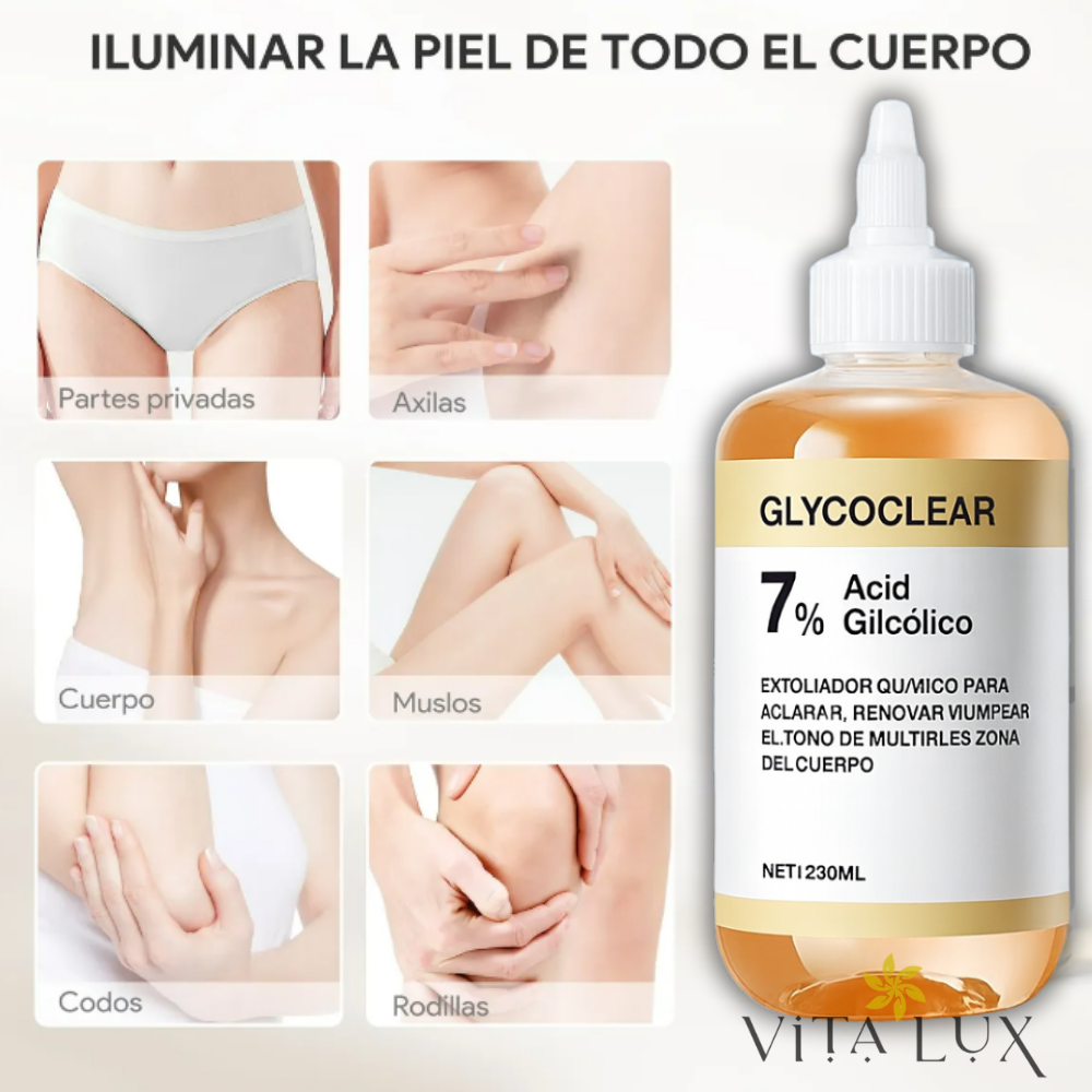 2 en 1 GlycoClear™ 7% – Solución Exfoliante Aclarante Multi-Zonas | Axilas, Entrepierna, Cuello, Rodillas, Codos y Rostro + 🎁 Guía “10 Secretos Dermatológicos para Aclarar Manchas y Lograr Piel de Porcelana” + Envío Gratis