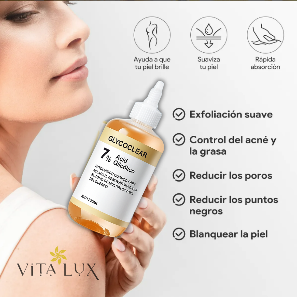 2 en 1 GlycoClear™ 7% – Solución Exfoliante Aclarante Multi-Zonas | Axilas, Entrepierna, Cuello, Rodillas, Codos y Rostro + 🎁 Guía “10 Secretos Dermatológicos para Aclarar Manchas y Lograr Piel de Porcelana” + Envío Gratis