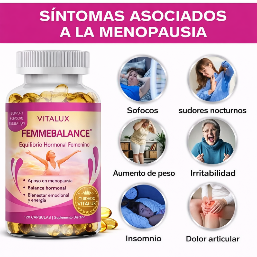 120 Caps FemmeBalance™ – para el Equilibrio Hormonal Femenino | Apoyo en Menopausia, Energía y Bienestar Emocional + 🎁 Guía “Menopausia Plena: Cómo Vivir esta Etapa con Energía, Calma y Equilibrio Hormonal” + Envío Gratis