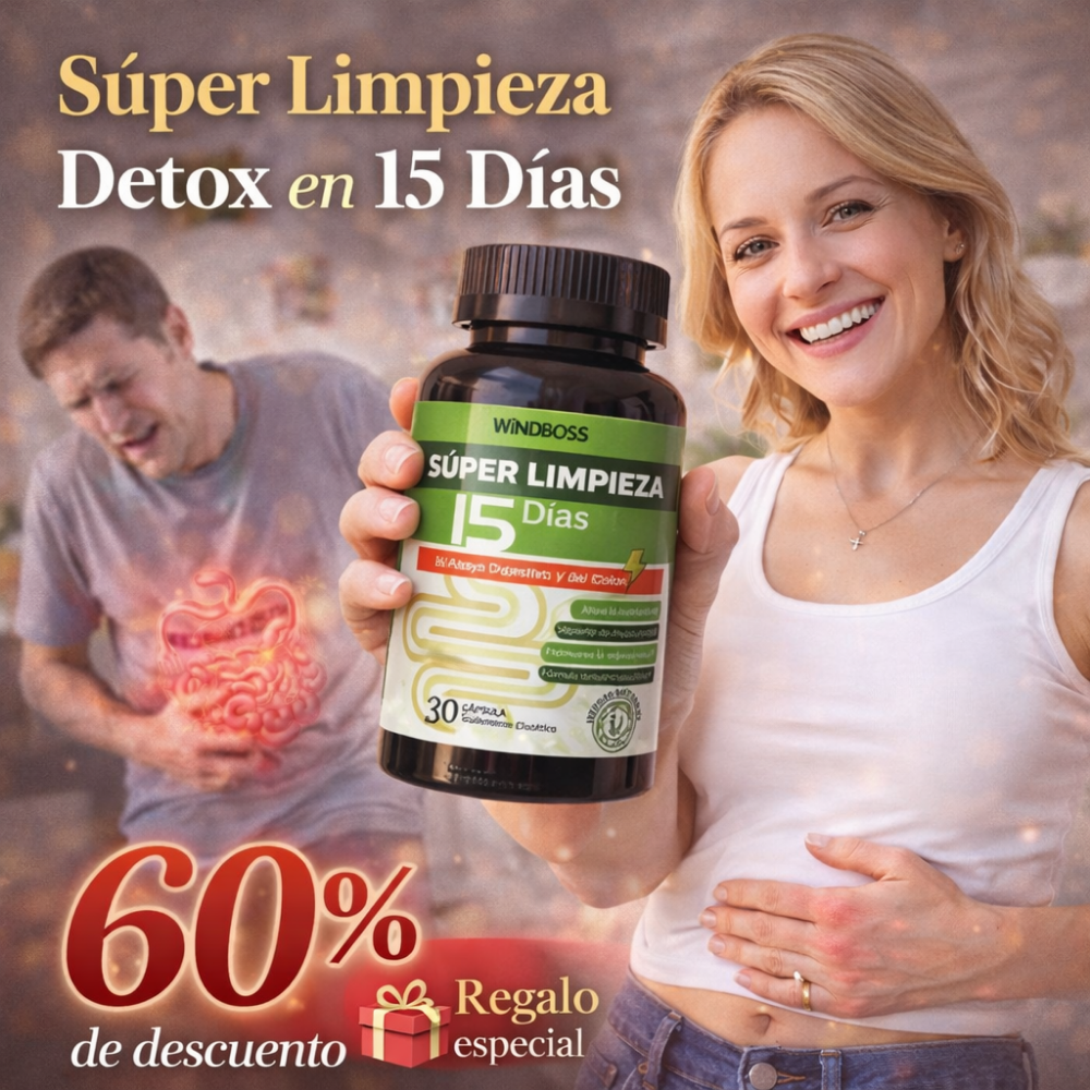 30 Caps Super Limpieza 15 Días™ – Limpieza Profunda del Intestino y Colon | Reduce Inflamación, Pesadez y Ansiedad por Comer | Fórmula Natural y Suave 🌿 + 🎁 Reto Detox Digestivo 15 Días + Envío Gratis