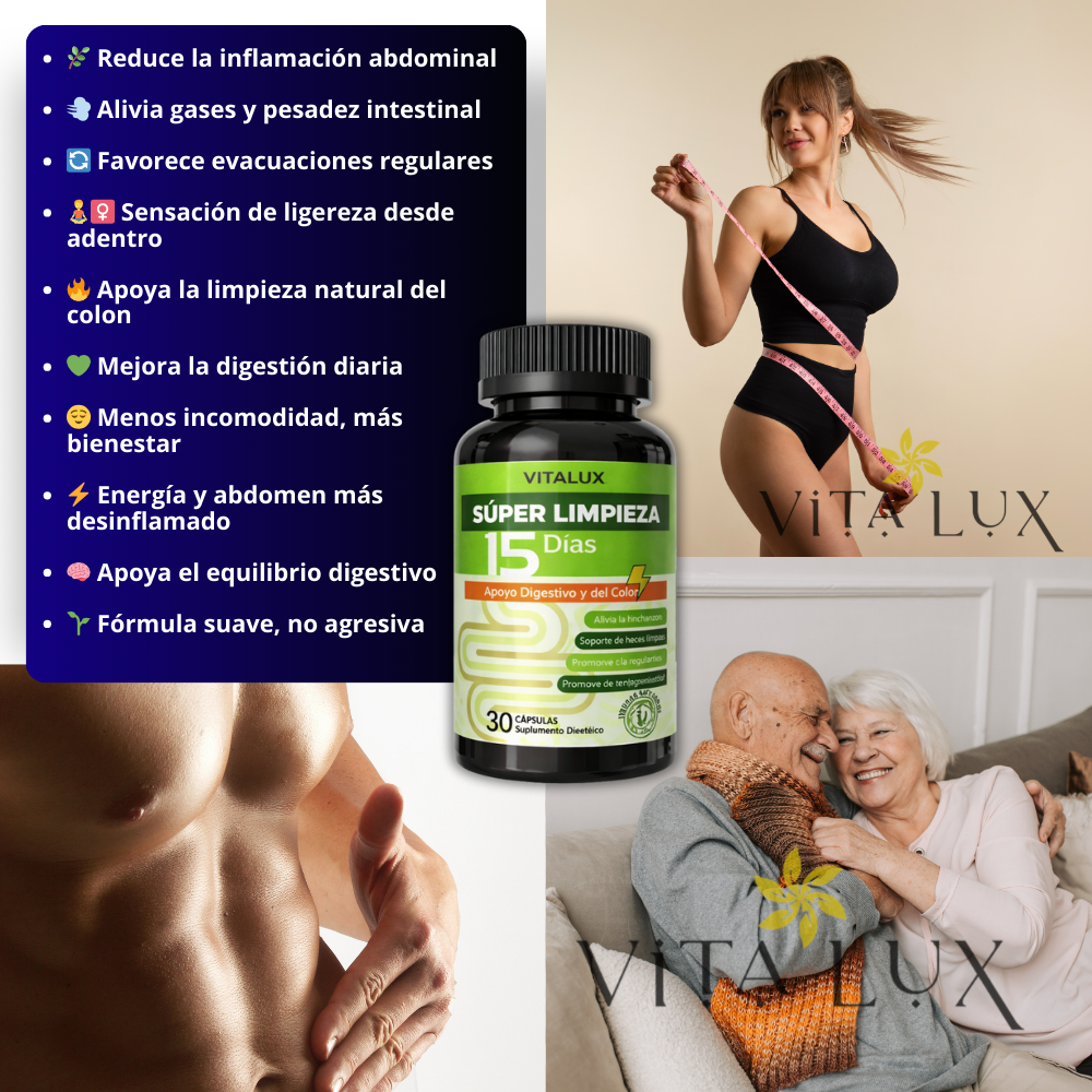30 Caps Super Limpieza 15 Días™ – Limpieza Profunda del Intestino y Colon | Reduce Inflamación, Pesadez y Ansiedad por Comer | Fórmula Natural y Suave 🌿 + 🎁 Reto Detox Digestivo 15 Días + Envío Gratis