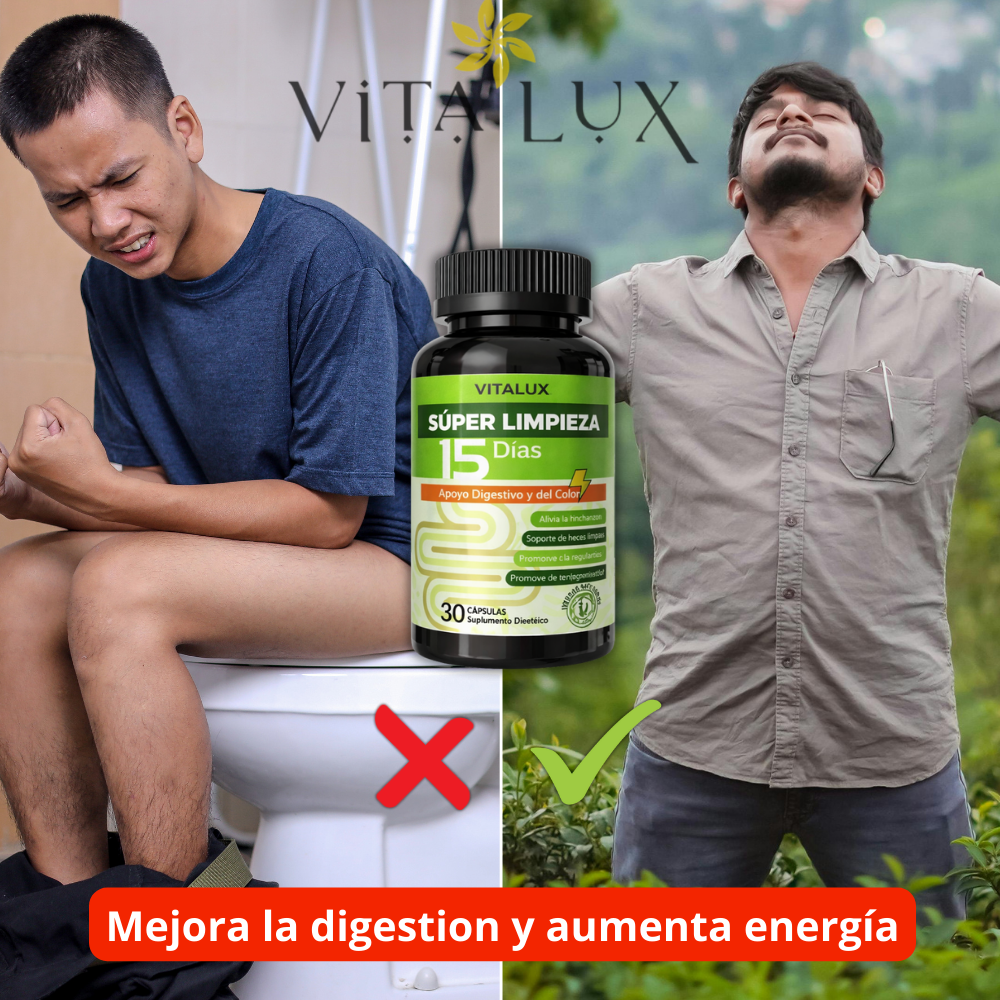 30 Caps Super Limpieza 15 Días™ – Limpieza Profunda del Intestino y Colon | Reduce Inflamación, Pesadez y Ansiedad por Comer | Fórmula Natural y Suave 🌿 + 🎁 Reto Detox Digestivo 15 Días + Envío Gratis