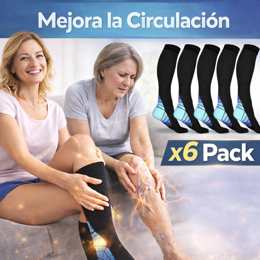 Pack x6 Pares – Calcetas de Compresión para Aliviar Várices y Mejorar la Circulación | Piernas Más Ligeras, Menos Hinchazón y Mayor Descanso Diario + 🎁 Manual de Ejercicios para Activar la Circulación + Envío Gratis + 🇫🇷 TECNOLOGIA FRANCESA 🇫🇷