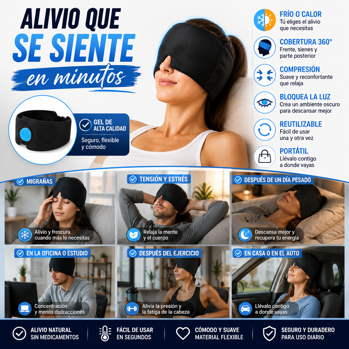 2 en 1 Gorro de Gel para Migraña | Alivio y Relajación para Dolor de Cabeza y Tensión + 🎁 Guía “5 Técnicas Express para Liberar la Tensión” + Envío Gratis