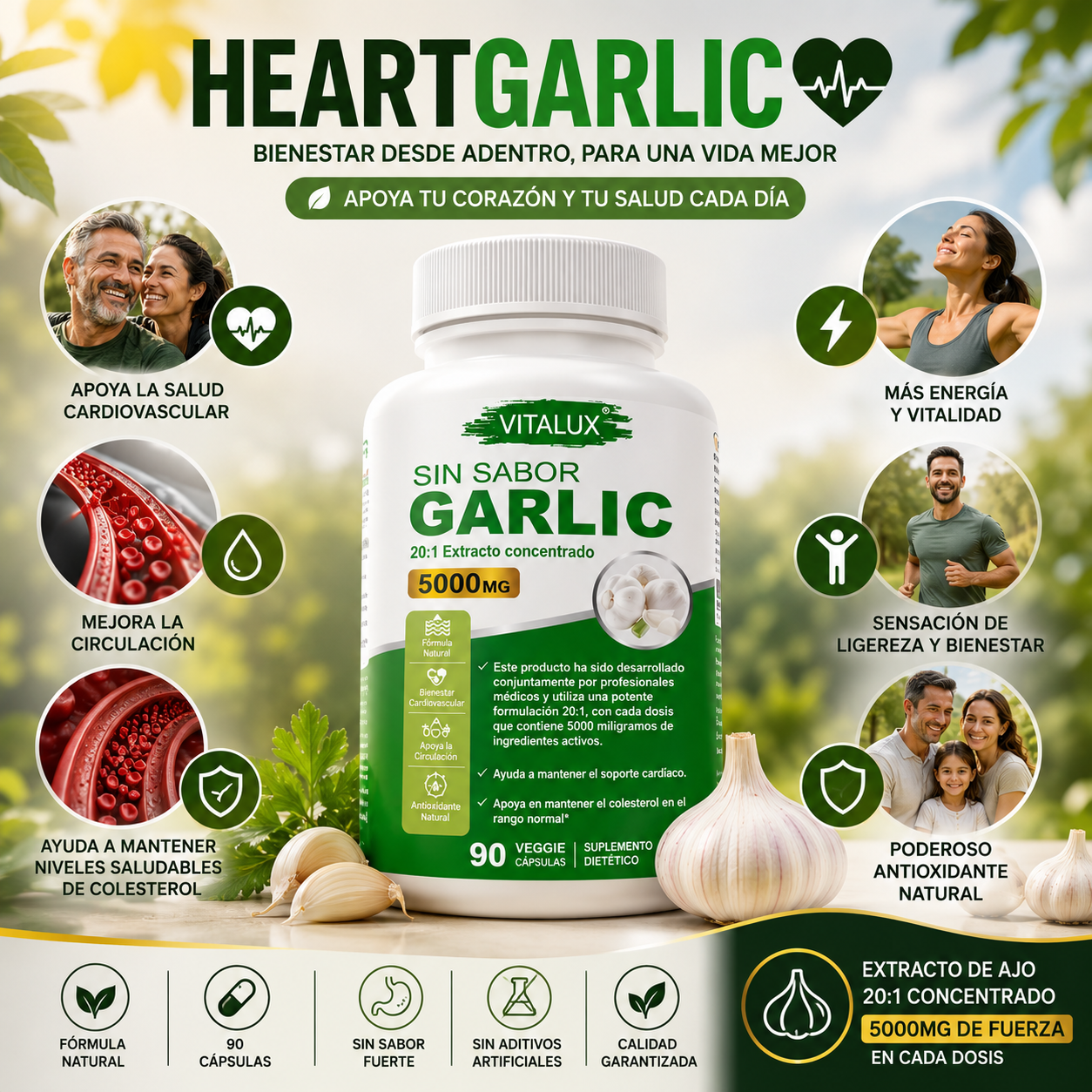 90 Cáps HeartGarlic™ – Extracto Concentrado de Ajo 20:1 | Apoya tu Corazón, Circulación y Bienestar Cardiovascular + 🎁 Guía “7 Hábitos para Cuidar tu Corazón Naturalmente” + Envío Gratis