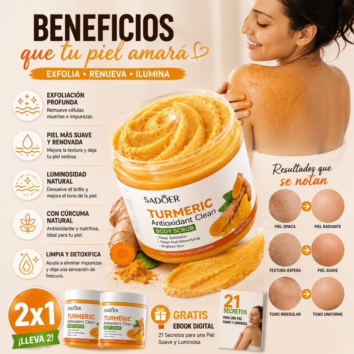 2x1 Turmeric Glow™ Exfoliante Corporal con Cúrcuma 240g | Piel de Porcelana + 🎁 Guía “21 Secretos para una Piel Suave y Luminosa” + Envío Gratis