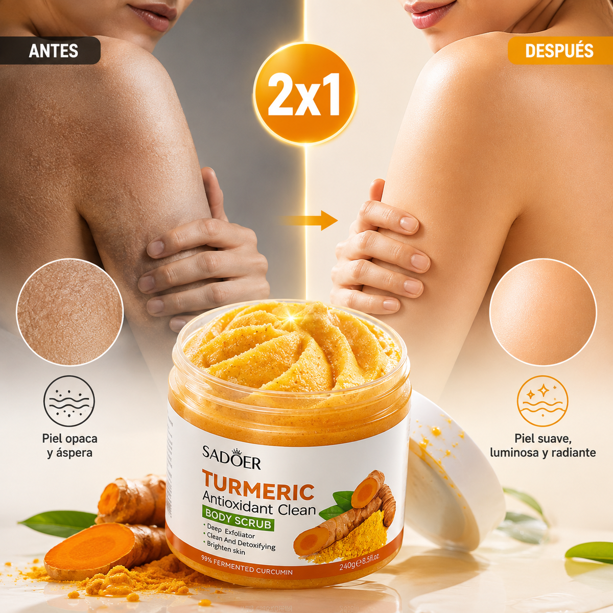 2x1 Turmeric Glow™ Exfoliante Corporal con Cúrcuma 240g | Piel de Porcelana + 🎁 Guía “21 Secretos para una Piel Suave y Luminosa” + Envío Gratis