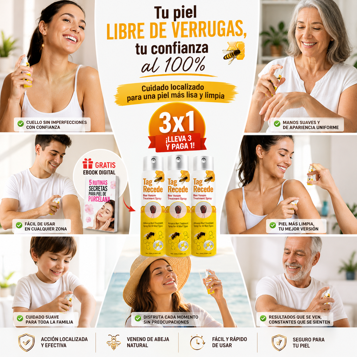 3x1 BeeClear™ Spray para Verrugas con Veneno de Abeja | Reduce la Apariencia de Verrugas + 🎁 “5 Rutinas Secretas para una Piel de Porcelana” + Envío Gratis