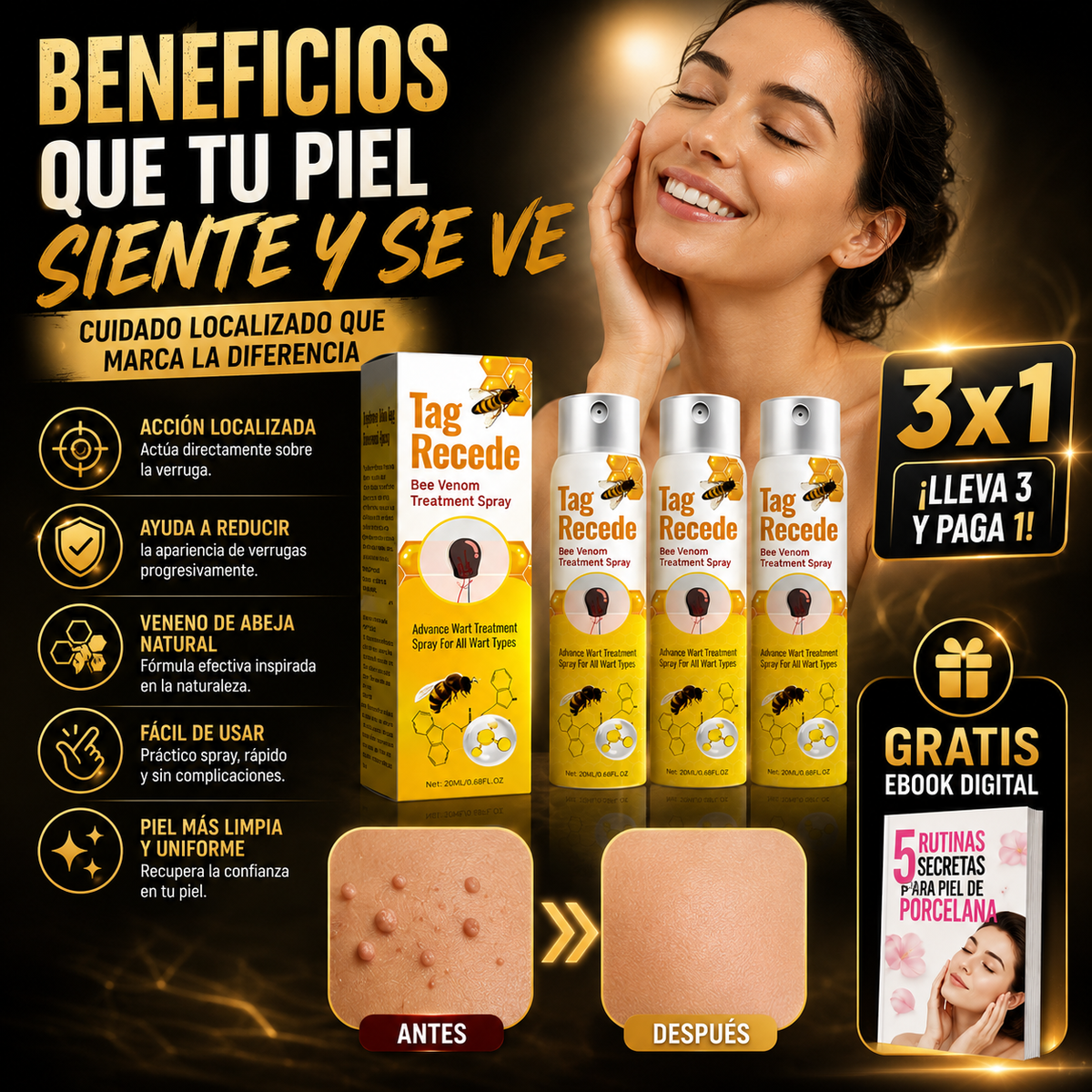 3x1 BeeClear™ Spray para Verrugas con Veneno de Abeja | Reduce la Apariencia de Verrugas + 🎁 “5 Rutinas Secretas para una Piel de Porcelana” + Envío Gratis