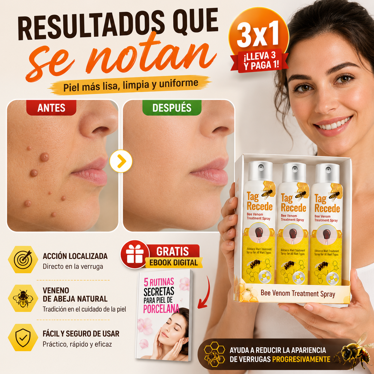 3x1 BeeClear™ Spray para Verrugas con Veneno de Abeja | Reduce la Apariencia de Verrugas + 🎁 “5 Rutinas Secretas para una Piel de Porcelana” + Envío Gratis
