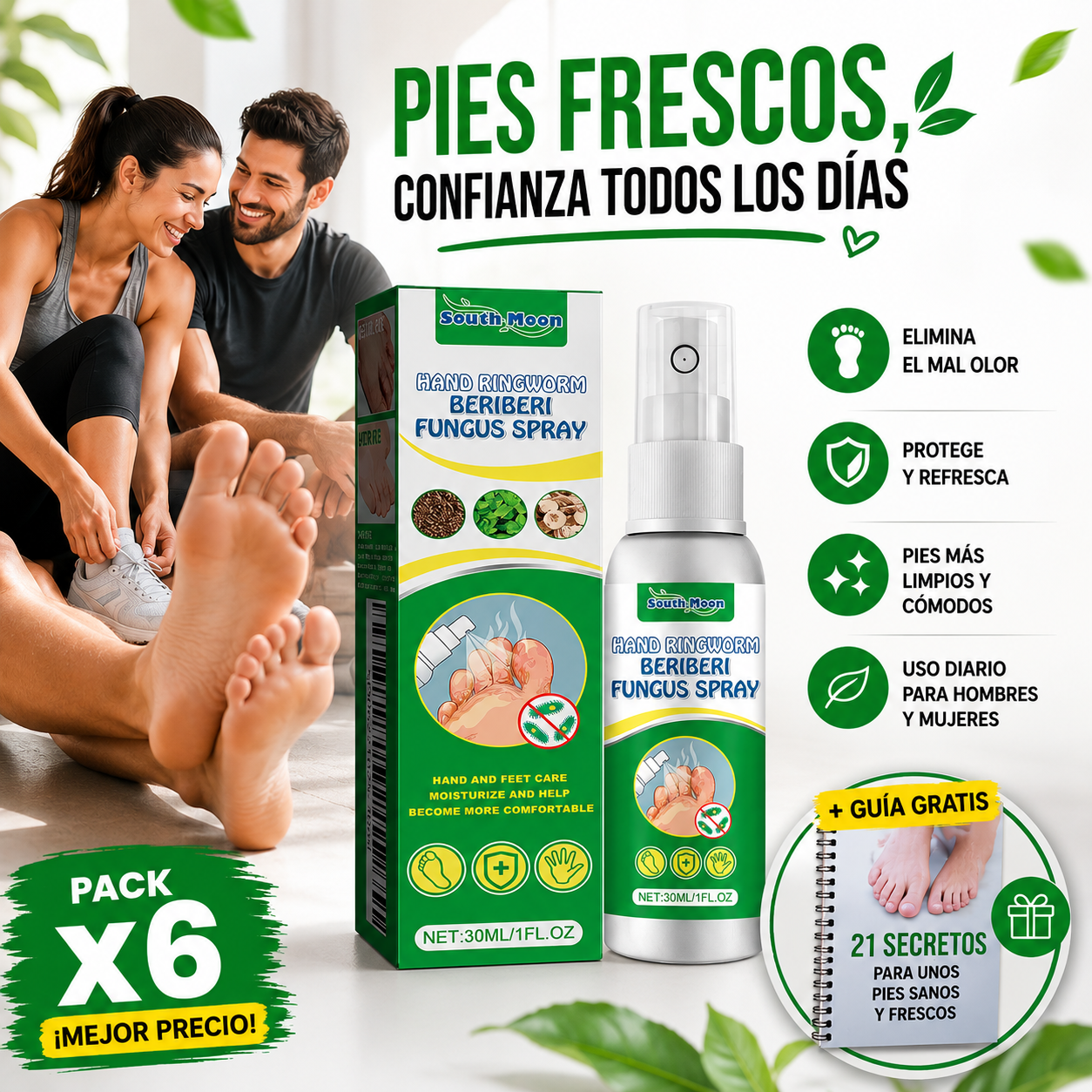 Pack x6 FootFresh™ Spray Purificante para el Cuidado Diario de los Pies | Ayuda a Combatir el Mal Olor, Refrescar y Mantener unos Pies con Mejor Apariencia + 🎁 Guía "21 Secretos para unos Pies Sanos" + Envío Gratis