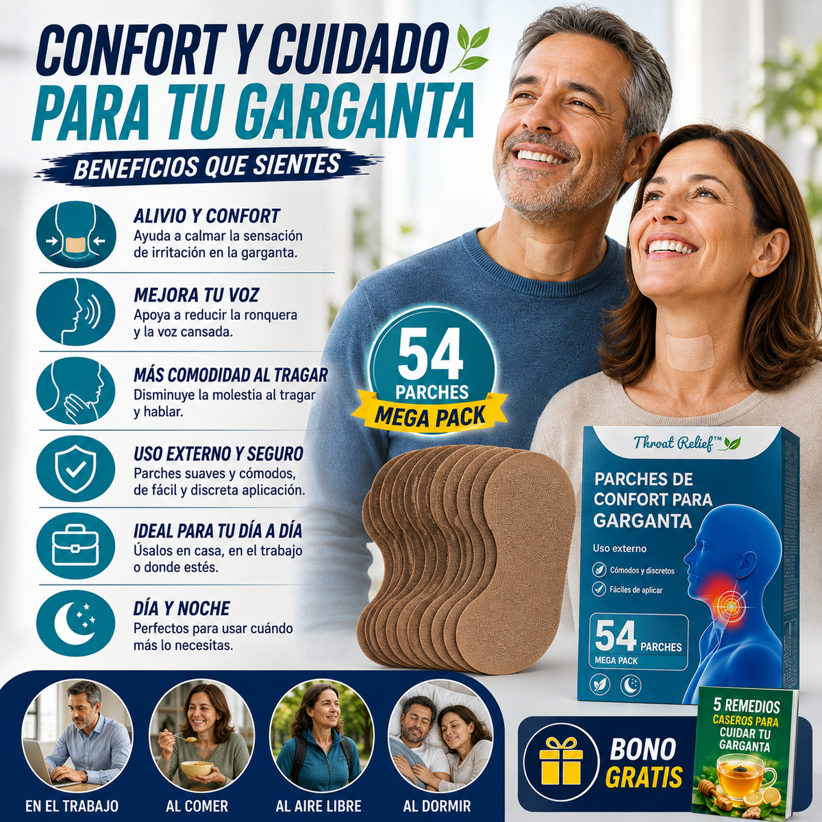 Pack 54 Parches Throat Relief™ para Dolor, Garganta Irritada, Tos y Ronquera + 🎁 “5 Remedios Caseros para Cuidar tu Garganta” GRATIS + Envío Gratis