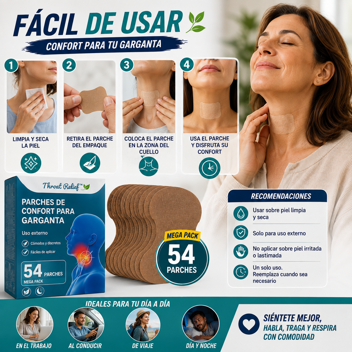 Pack 54 Parches Throat Relief™ para Dolor, Garganta Irritada, Tos y Ronquera + 🎁 “5 Remedios Caseros para Cuidar tu Garganta” GRATIS + Envío Gratis