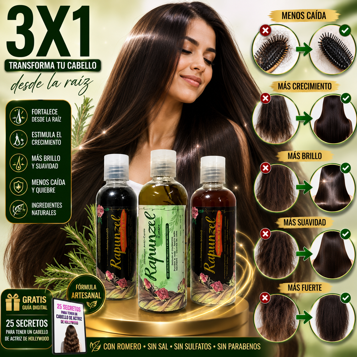 Rapunzel™ 3x1 – Shampoo Artesanal de Romero para Crecimiento y Anti Caída + 🎁 “25 Secretos para Tener un Cabello de Actriz de Hollywood” + Envío Gratis