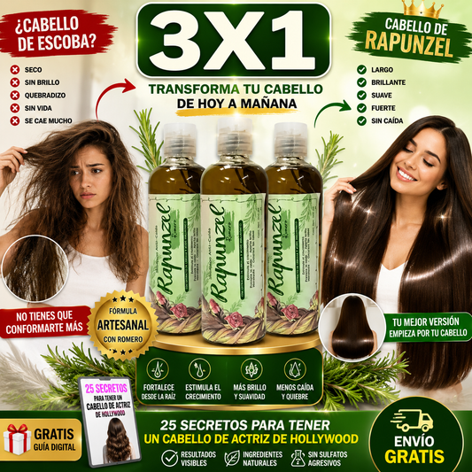 Rapunzel™ 3x1 – Shampoo Artesanal de Romero para Crecimiento y Anti Caída + 🎁 “25 Secretos para Tener un Cabello de Actriz de Hollywood” + Envío Gratis