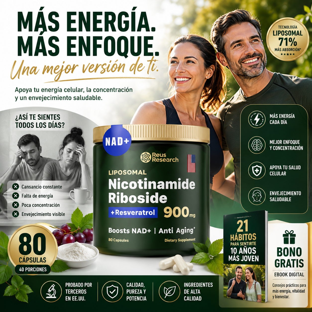 80 caps NAD+ Nicotinamide Riboside con Resveratrol | Energía Celular, Enfoque y Envejecimiento Saludable | 80 Cápsulas + 🎁 Guía "21 Hábitos para Sentirte 10 Años Más Joven" GRATIS + Envío Gratis