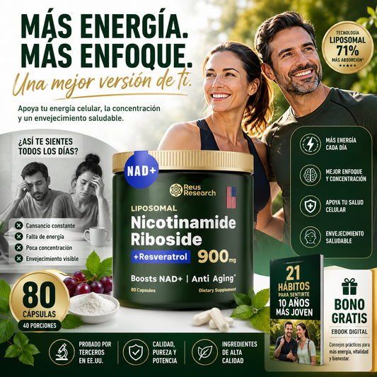 80 caps NAD+ Nicotinamide Riboside con Resveratrol | Energía Celular, Enfoque y Envejecimiento Saludable | 80 Cápsulas + 🎁 Guía "21 Hábitos para Sentirte 10 Años Más Joven" GRATIS + Envío Gratis