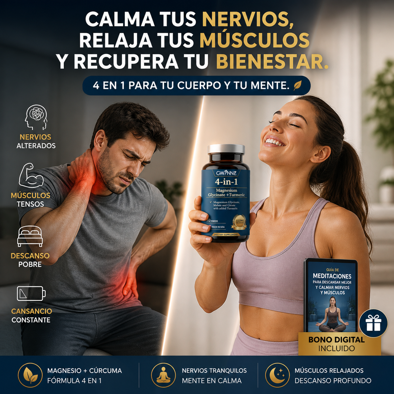 90 Cápsulas Triple Magnesium Complex™ – 4 en 1 con Magnesio + Cúrcuma | Calma Nervios, Relaja Músculos y Mejora tu Descanso + 🎁 Meditaciones Guiadas para Dormir Mejor + Envío Gratis