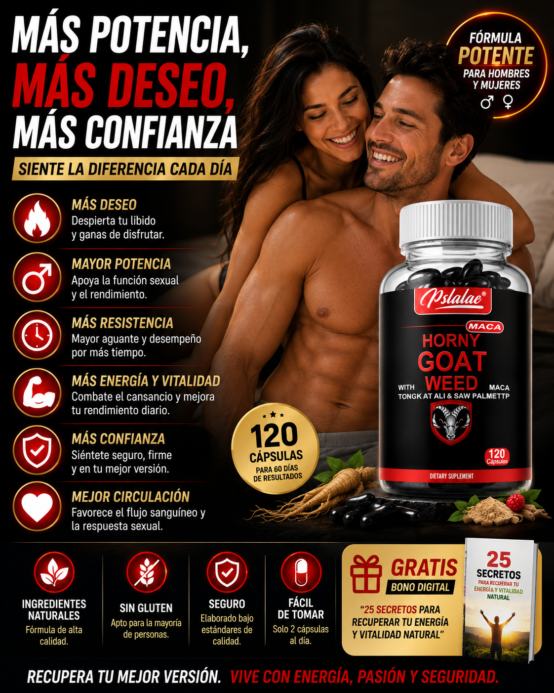 120 Cáps Horny Goat Weed™ –  para Hombres y Mujeres | Apoyo para Vitalidad, Deseo y Rendimiento | + 🎁 "25 Secretos para Recuperar tu Energía y Vitalidad Natural"+ Envío Gratis