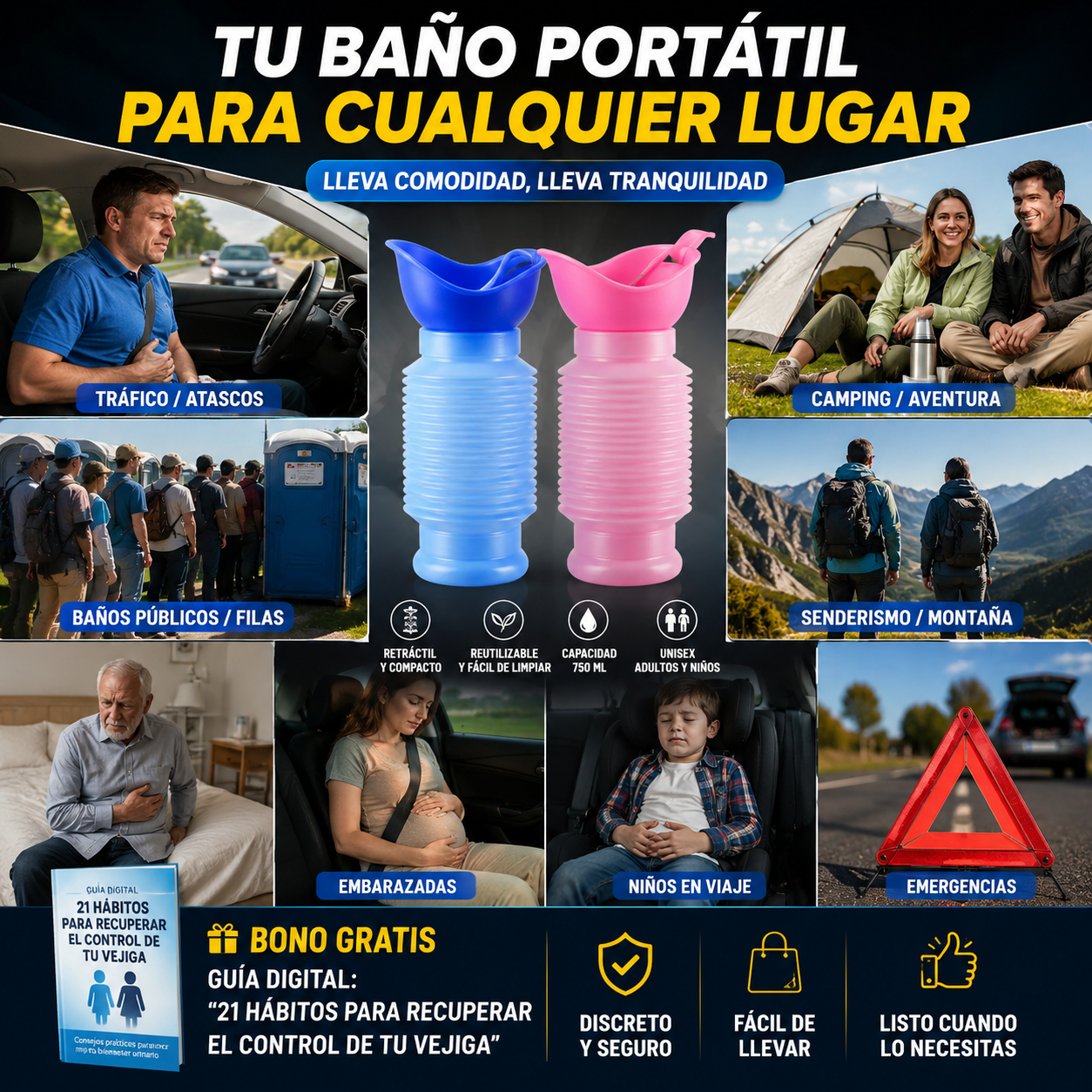 Orinal Portátil Unisex Retráctil 750 ml | Adultos, Niños y Viajes + 🎁 Guía "21 Hábitos para Recuperar el Control de tu Vejiga" + Envío Gratis