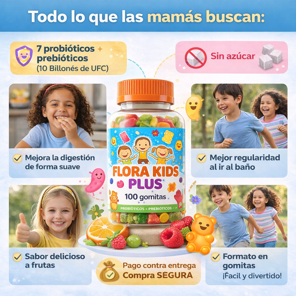 100 Caps Flora Kids Plus™ – Probióticos + Prebióticos para Niños | Apoyo Digestivo Suave y Pancita Equilibrada | 100 Gomitas + 🎁 Guía Digital “21 Hábitos para Niños Saludables” + Envío Gratis