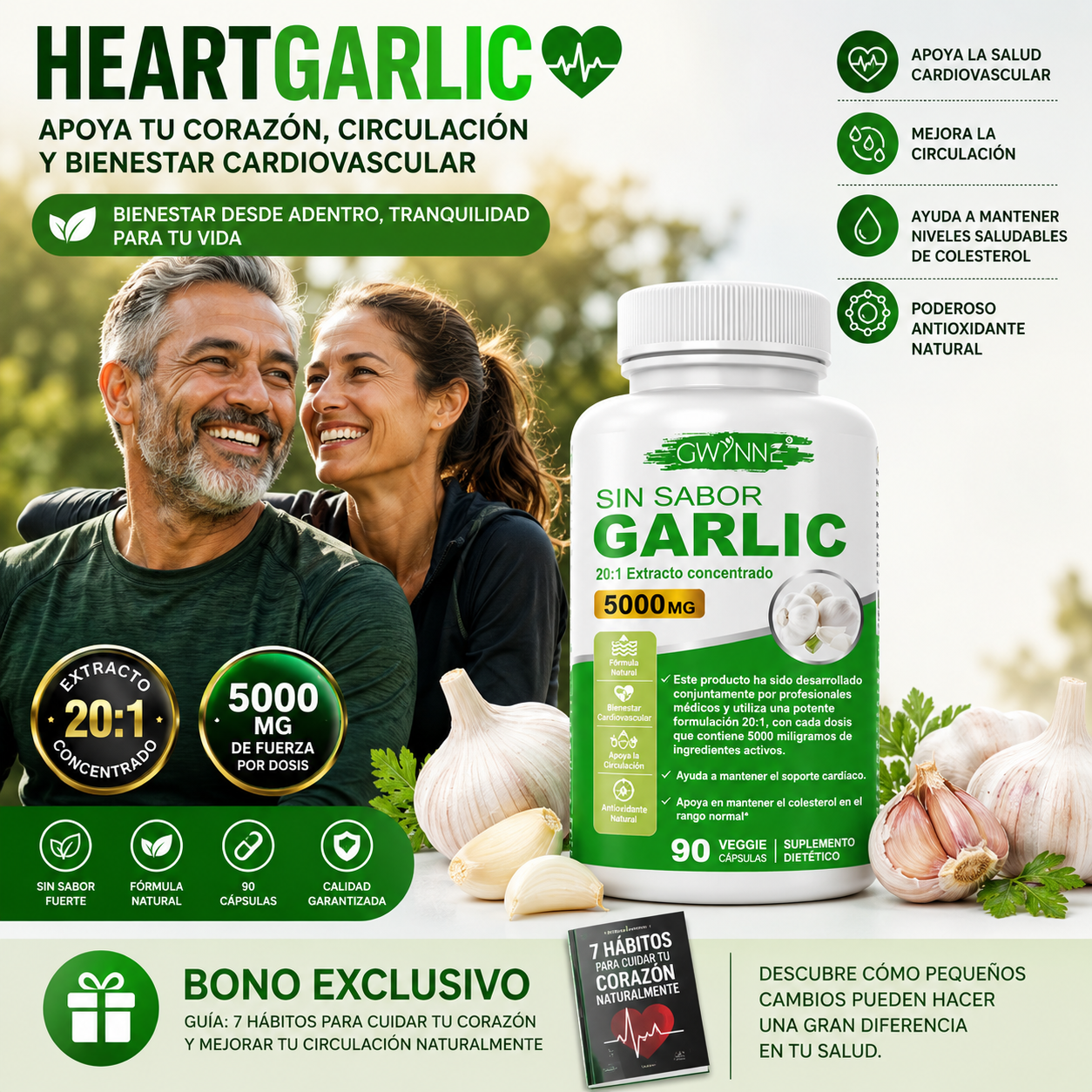 90 Cáps HeartGarlic™ – Extracto Concentrado de Ajo 20:1 | Apoya tu Corazón, Circulación y Bienestar Cardiovascular + 🎁 Guía “7 Hábitos para Cuidar tu Corazón Naturalmente” + Envío Gratis