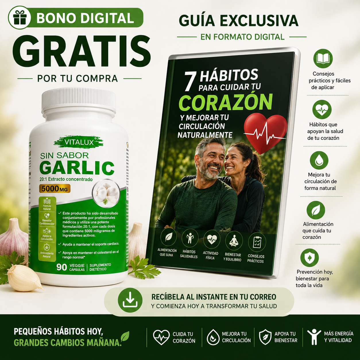 90 Cáps HeartGarlic™ – Extracto Concentrado de Ajo 20:1 | Apoya tu Corazón, Circulación y Bienestar Cardiovascular + 🎁 Guía “7 Hábitos para Cuidar tu Corazón Naturalmente” + Envío Gratis
