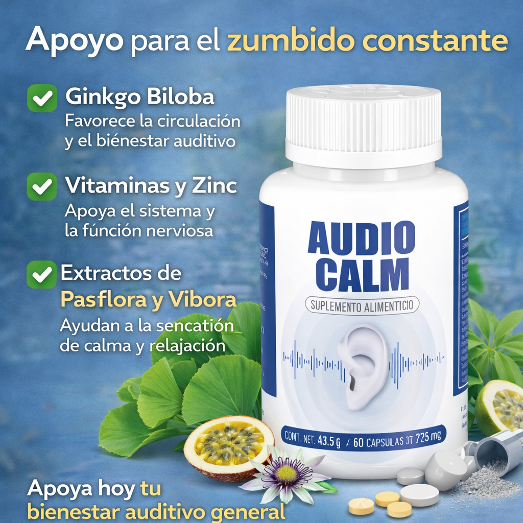 60 Caps AudioCalm™ – Apoyo Natural para el Zumbido en los Oídos | Mayor Tranquilidad y Bienestar Diario + 🎁 Guía “Cómo Reducir el Zumbido y Recuperar tu Calma” + Envío Gratis