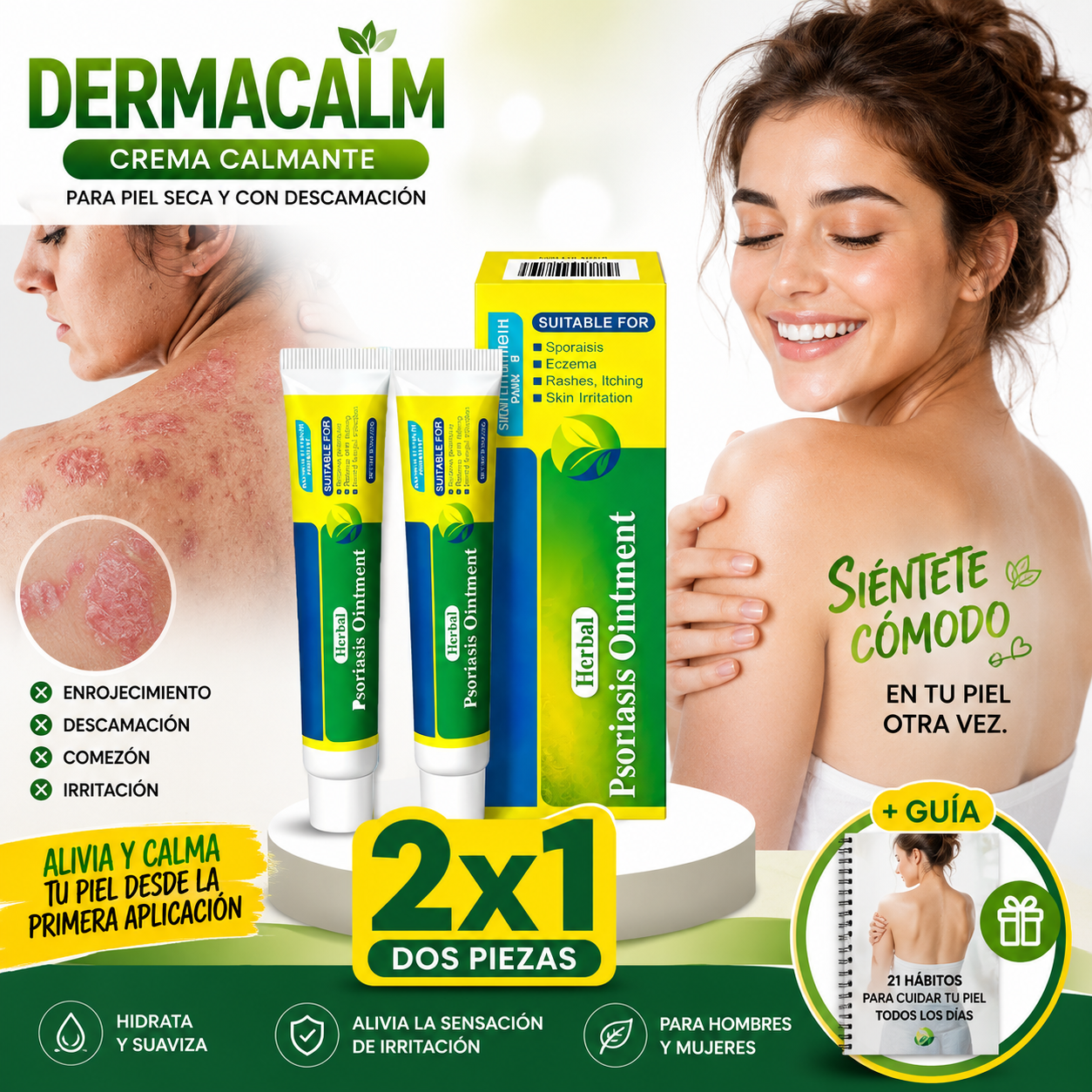 Pack 2x1 DermaCalm™ Para Aliviar Psoriarsis | Ayuda a Aliviar la Sensación de Comezón, Enrojecimiento e Irritación + 🎁 Guía “21 Hábitos para Cuidar tu Piel Todos los Días” + Envío Gratis