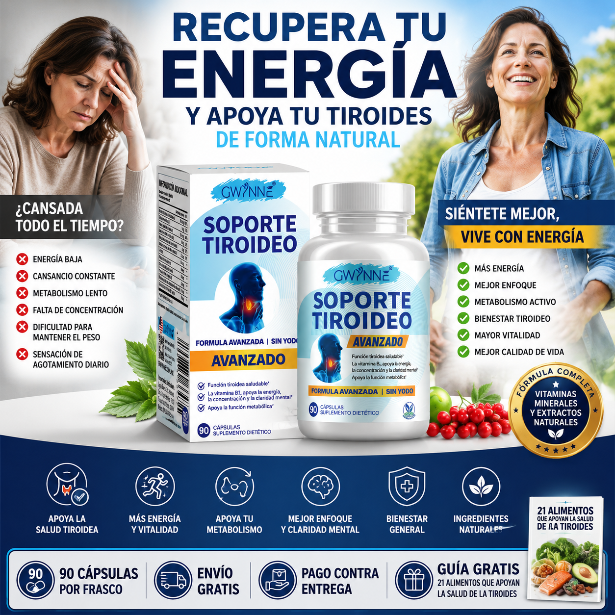 90 Caps Soporte Tiroideo™ – Apoyo para Metabolismo Lento, Cansancio y Bienestar Diario + 🎁 Guía 21 Recetas que Apoyan la Salud de la Tiroides+ Envío Gratis