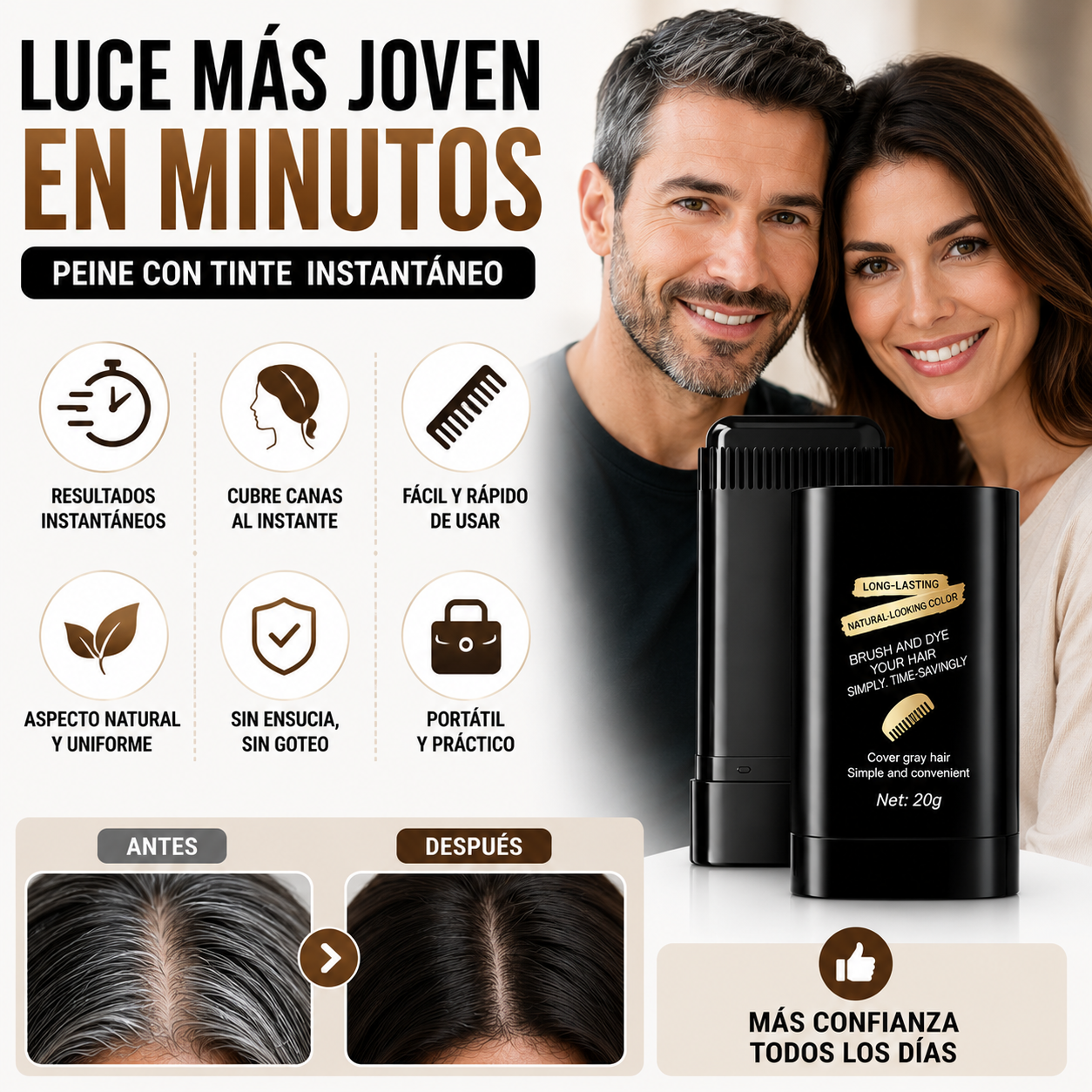 2X1 Peine GrayAway™ – Tinte Instantáneo para Cubrir Canas en Minutos + 🎁 Guía “7 Trucos para Verte Más Joven con tu Cabello” + Envío Gratis