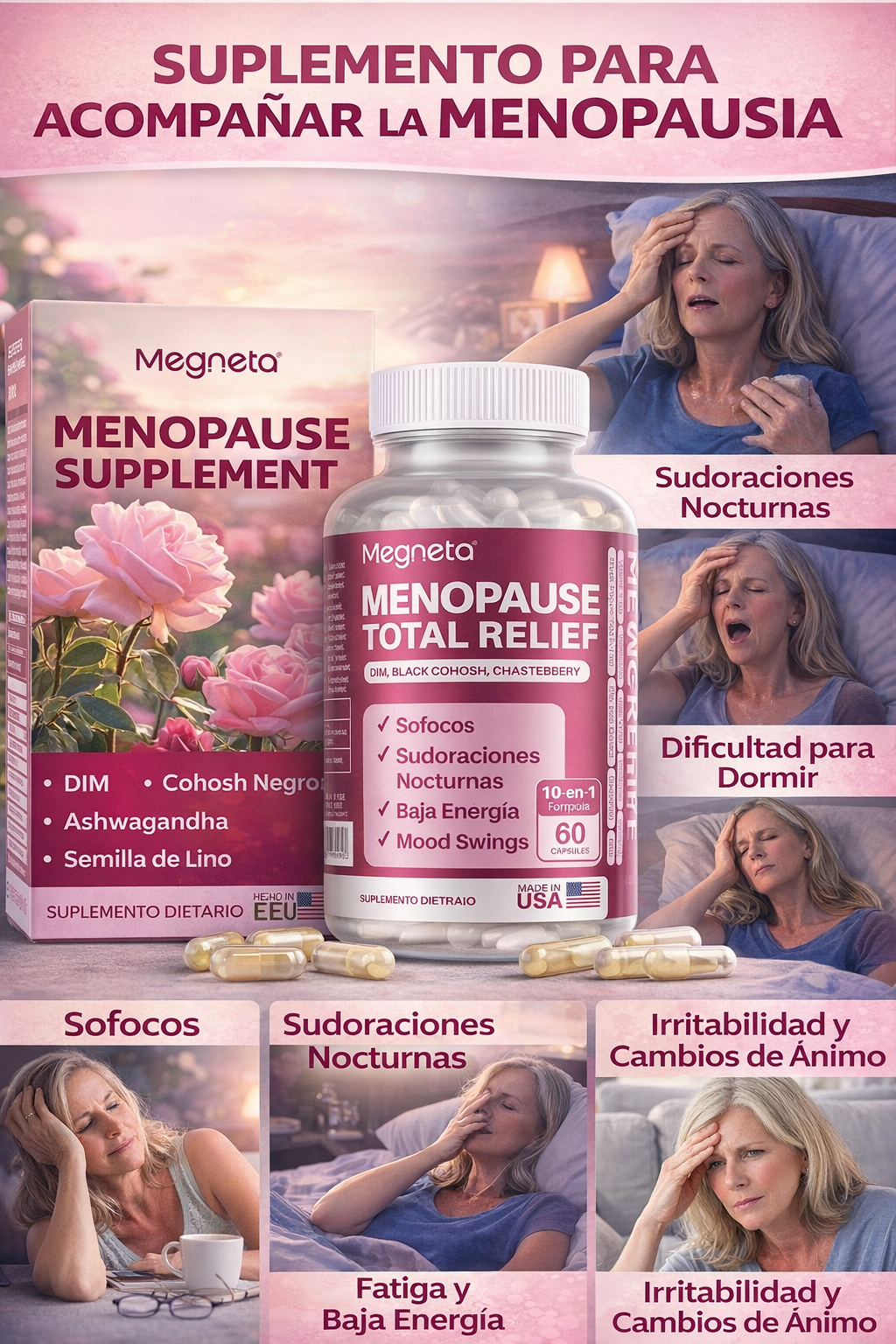 60 Caps Menopause Calm™ – Acompaña los Síntomas de la Menopausia | Sofocos y Sudoraciones Nocturnas, Descanso y Bienestar Emocional + 🎁 Guía “Menopausia Plena: Cómo Vivir esta Etapa con Energía, Calma y Equilibrio Hormonal” + Envío Gratis