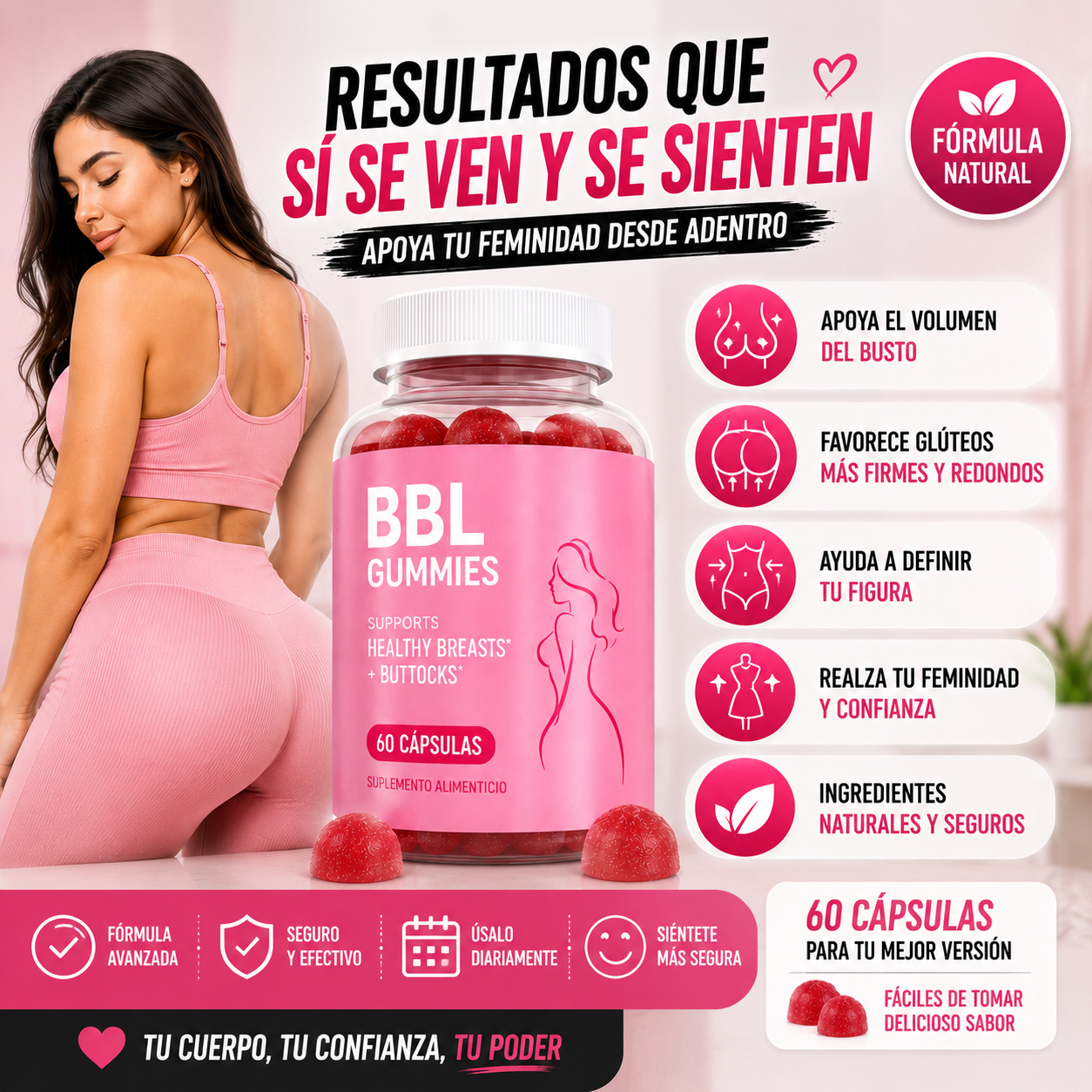 60 Caps CurvyBloom™ – Gomitas para una Figura Más Curvilínea y Femenina + 🎁 “25 Secretos para Verte Más Curvilínea y Femenina” + Envío Gratis