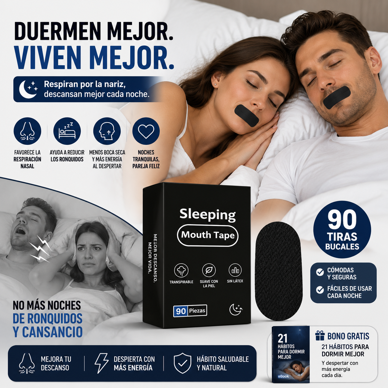90 Tiras Bucales para Dormir™ | Favorecen la Respiración Nasal Durante el Descanso | Ayudan a Reducir los Ronquidos | 🎁 Guía "21 Hábitos para Dormir Mejor" GRATIS + Envío Gratis