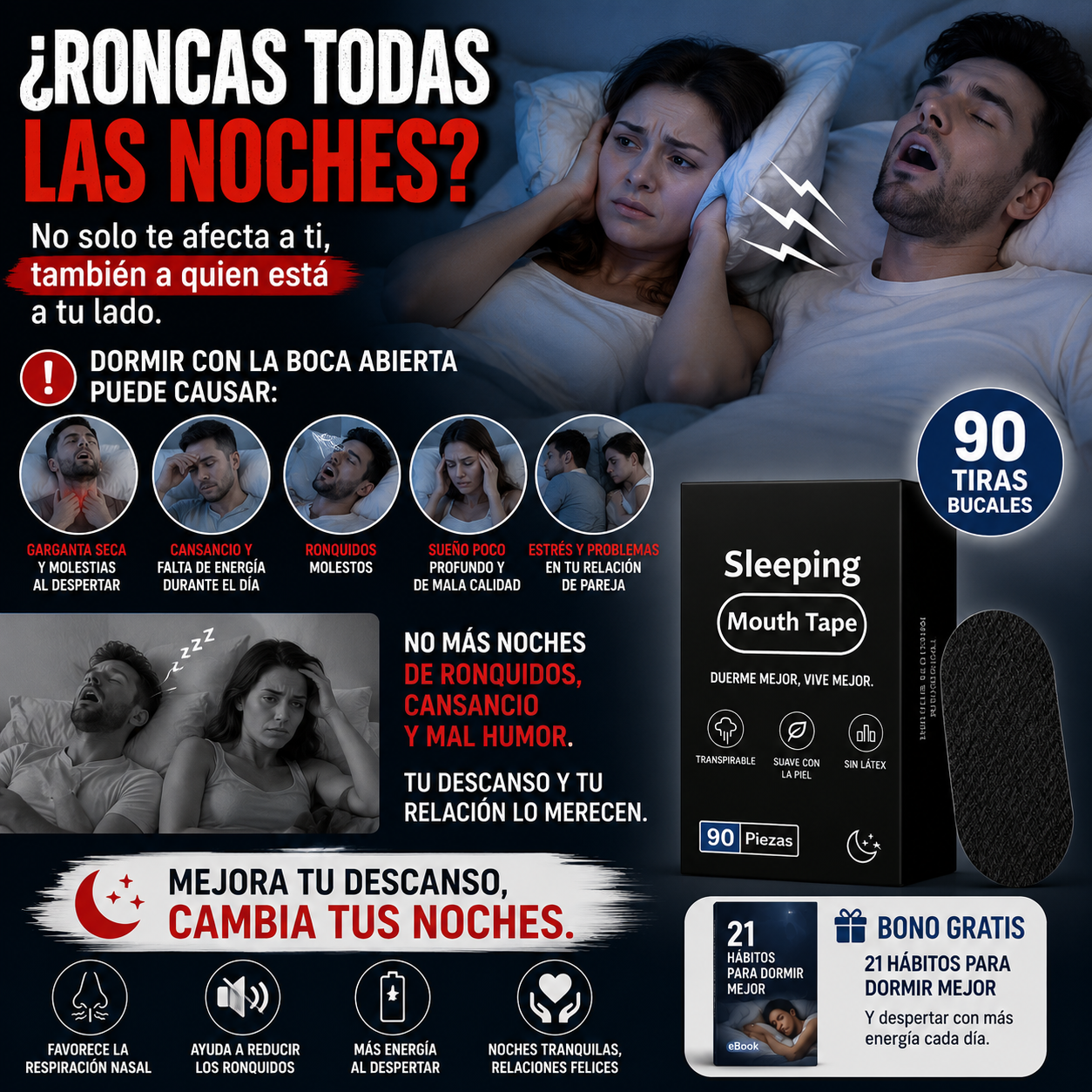 90 Tiras Bucales para Dormir™ | Favorecen la Respiración Nasal Durante el Descanso | Ayudan a Reducir los Ronquidos | 🎁 Guía "21 Hábitos para Dormir Mejor" GRATIS + Envío Gratis
