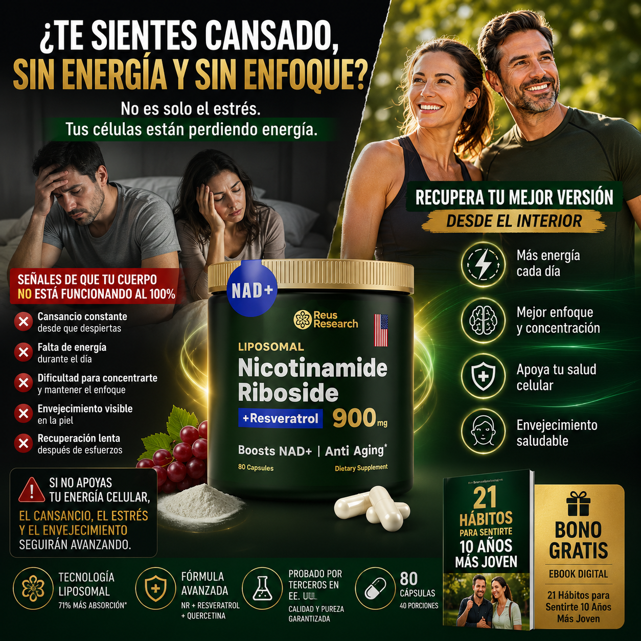 80 caps NAD+ Nicotinamide Riboside con Resveratrol | Energía Celular, Enfoque y Envejecimiento Saludable | 80 Cápsulas + 🎁 Guía "21 Hábitos para Sentirte 10 Años Más Joven" GRATIS + Envío Gratis
