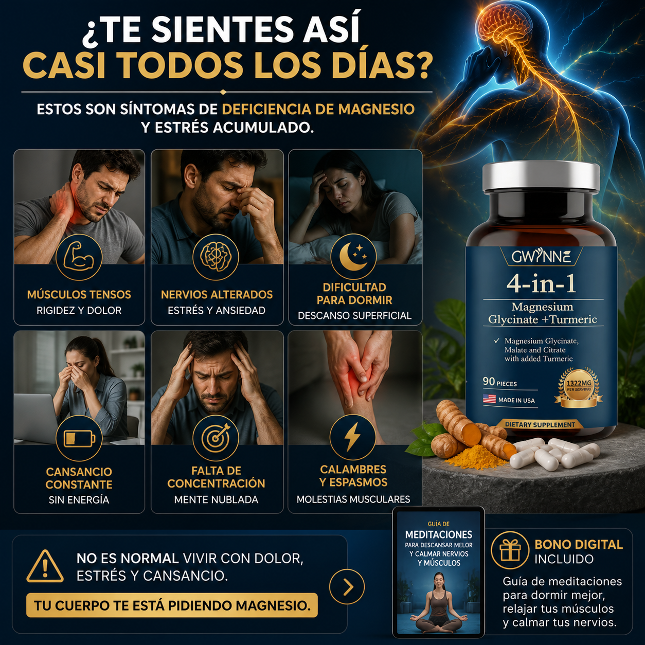 90 Cápsulas Triple Magnesium Complex™ – 4 en 1 con Magnesio + Cúrcuma | Calma Nervios, Relaja Músculos y Mejora tu Descanso + 🎁 Meditaciones Guiadas para Dormir Mejor + Envío Gratis
