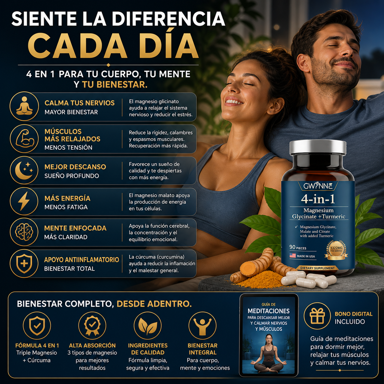 90 Cápsulas Triple Magnesium Complex™ – 4 en 1 con Magnesio + Cúrcuma | Calma Nervios, Relaja Músculos y Mejora tu Descanso + 🎁 Meditaciones Guiadas para Dormir Mejor + Envío Gratis