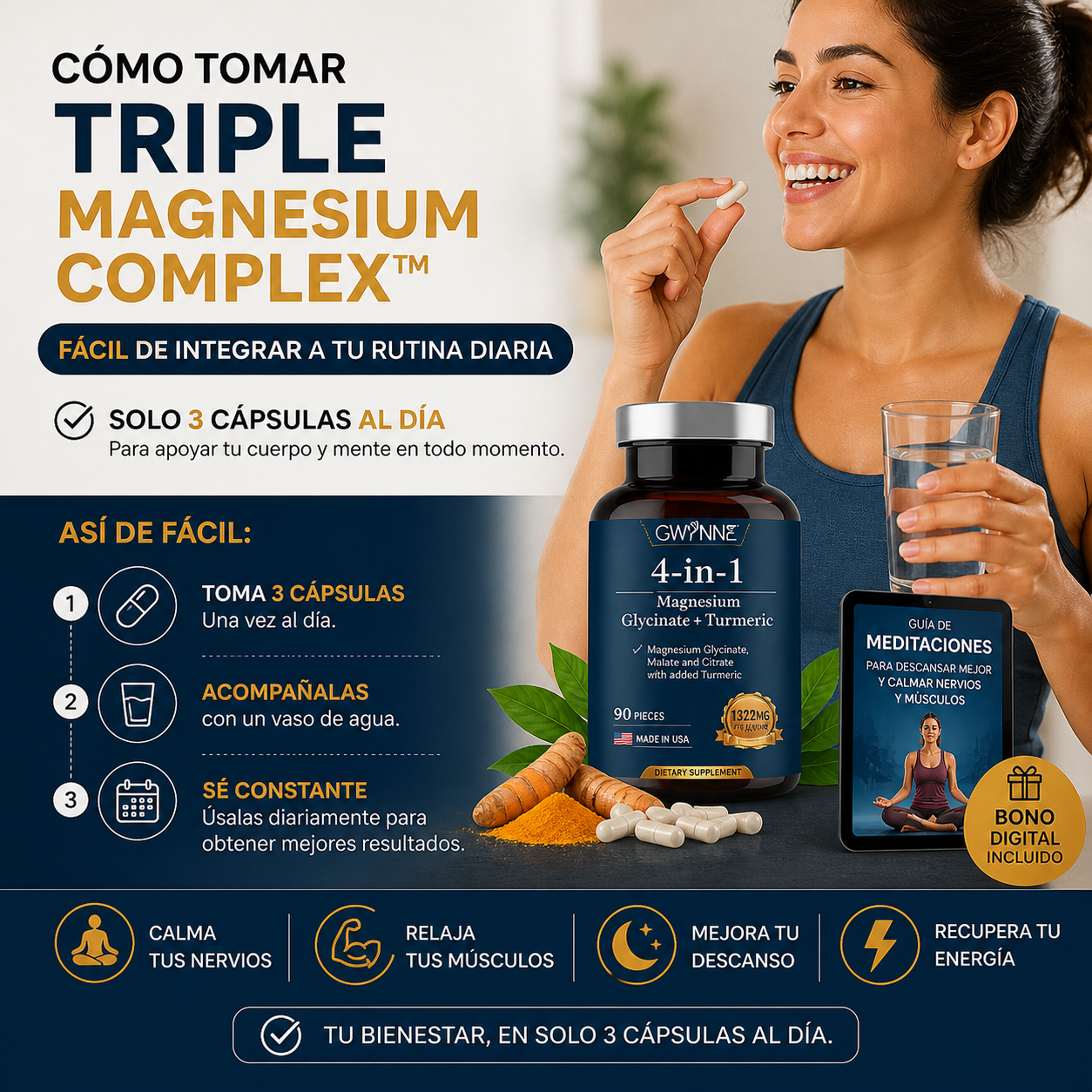 90 Cápsulas Triple Magnesium Complex™ – 4 en 1 con Magnesio + Cúrcuma | Calma Nervios, Relaja Músculos y Mejora tu Descanso + 🎁 Meditaciones Guiadas para Dormir Mejor + Envío Gratis