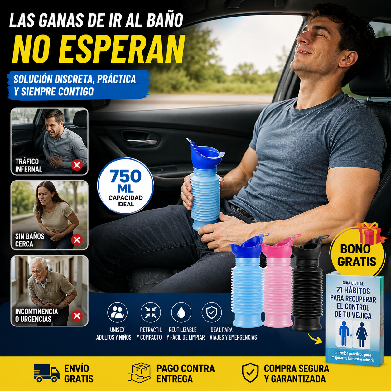 Orinal Portátil Unisex Retráctil 750 ml | Adultos, Niños y Viajes + 🎁 Guía "21 Hábitos para Recuperar el Control de tu Vejiga" + Envío Gratis