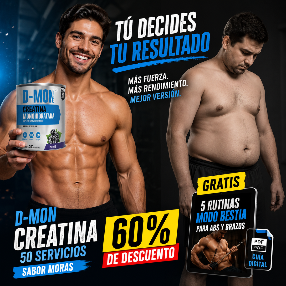 Creatina D-MON | Más Fuerza y Rendimiento para tus Entrenamientos + 🎁 “5 Rutinas Modo Bestia para ABS y Brazos”+ Envío Gratis