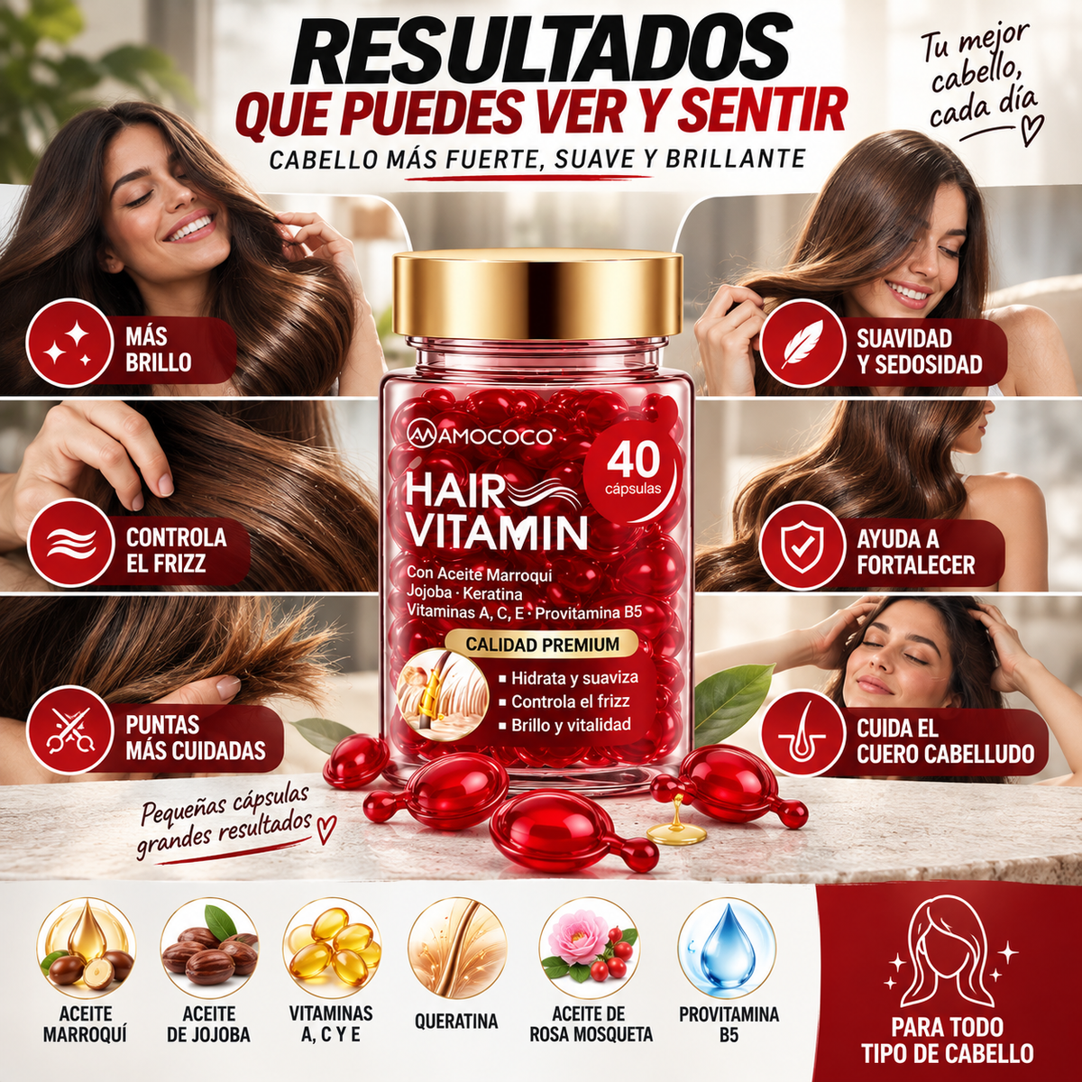 40 Cápsulas Hair Vitamin | Sérum Capilar para Cabello Seco, Opaco y con Frizz + 🎁 “5 Secretos para un Cabello de Salón en Casa” + Envío Gratis