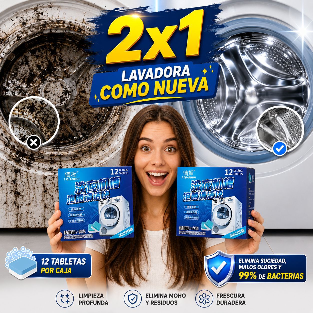 24 Tabs WashClean™ – Pastillas Limpiadoras para Lavadora | Elimina Mugre, Sarro y Malos Olores Ocultos + 🎁 Guía “7 Trucos para que tu Ropa Salga Más Limpia, Suave y con Mejor Aroma”