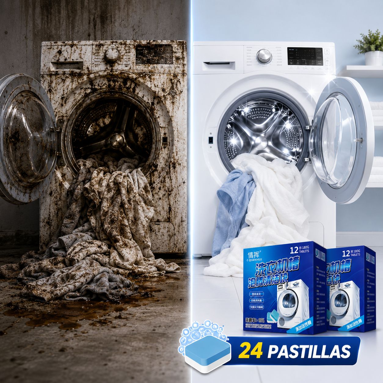 24 Tabs WashClean™ – Pastillas Limpiadoras para Lavadora | Elimina Mugre, Sarro y Malos Olores Ocultos + 🎁 Guía “7 Trucos para que tu Ropa Salga Más Limpia, Suave y con Mejor Aroma”